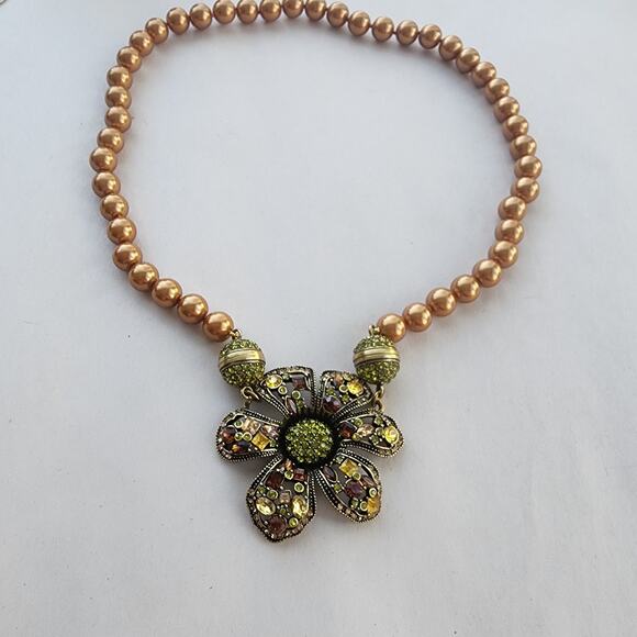 HEIDI DAUS Anemone Floral Crystal Pendant Pearl Necklace Golden Shadow Cognac - Picture 2 of 11